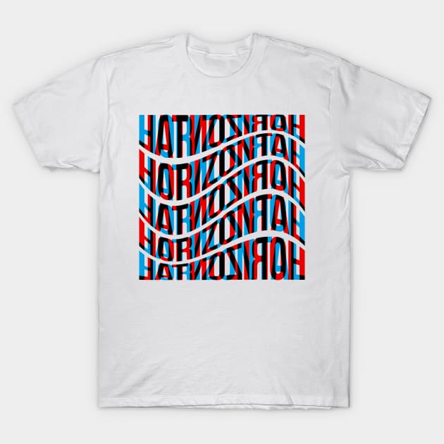 Horizontal Waves Typography (Cyan Red Black) T-Shirt by John Uttley